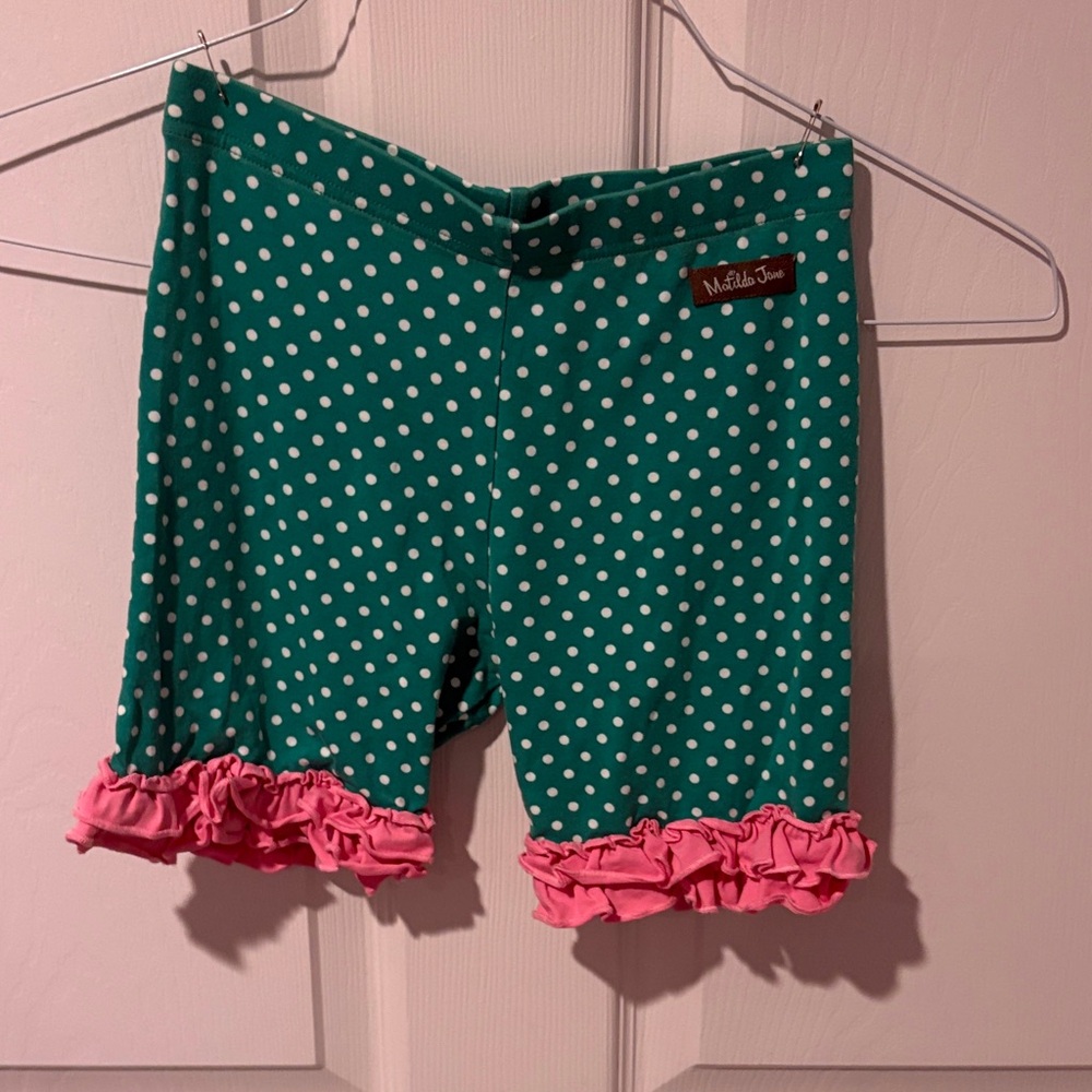 Matilda Jane Green Polka Dot Shorts with Pink Ruffles